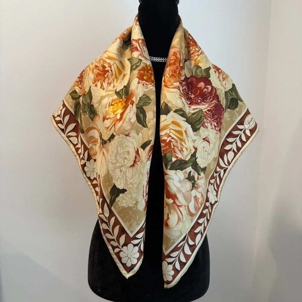 Authentic GUCCI Floral Silk Scarf in Cream and Brown